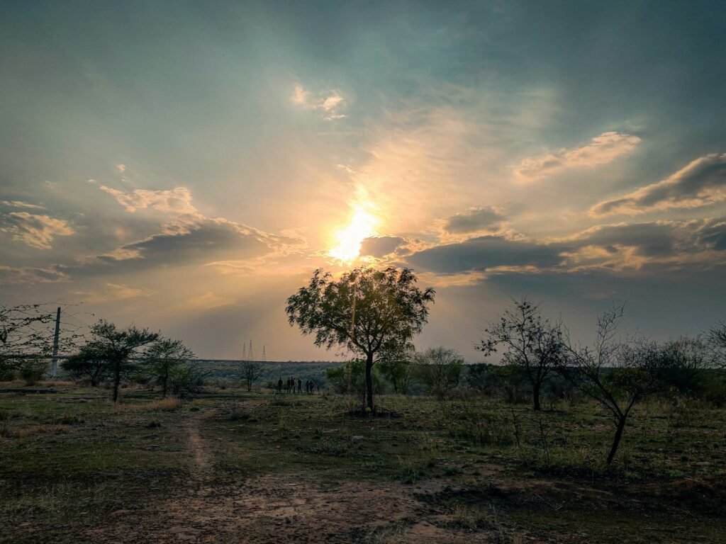 The sun breaking through clouds over a dry grassland