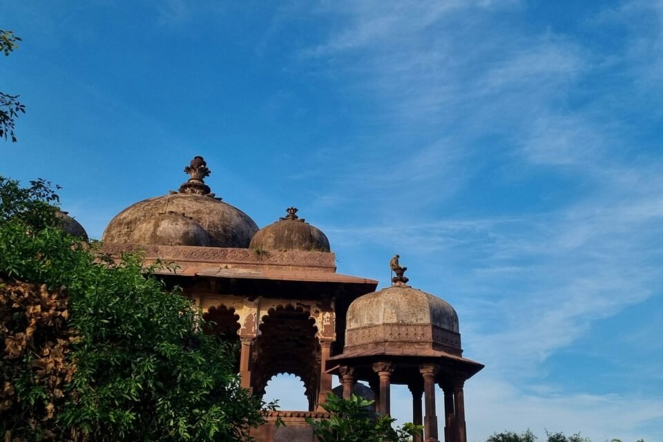 Domed sandstone chhatris against a blue sky